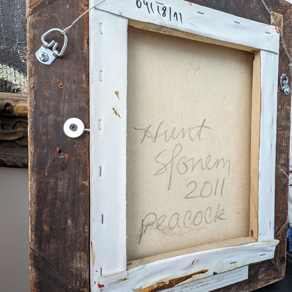 Oil on canvas peacock painting by Hunt Slonem.  11" x 14".  Painted 2011. - Picture 10 of 15